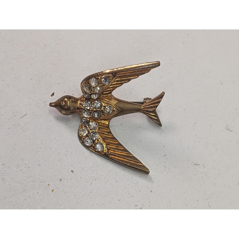 Rhinestone Bird Brooch Gold Tone Crystal Swallow Pin 1.75 Inch Sparkle